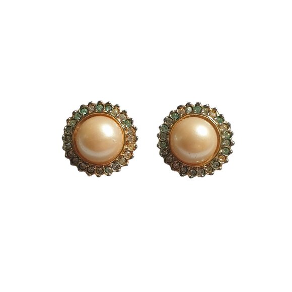 Vintage Stud Earrings Faux Pearl Center Gold Tone Crystal Trim Mom Core Gift - Picture 1 of 4